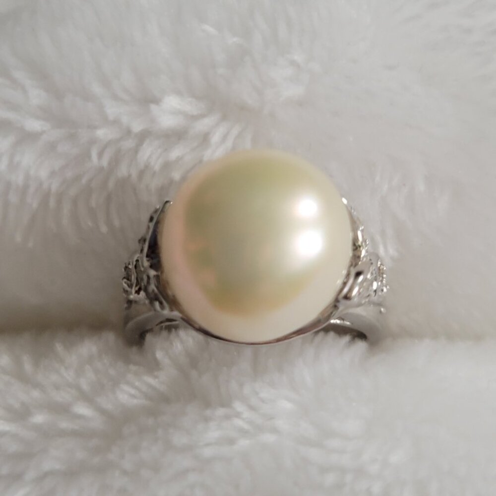 Splendid Pearls Rhodium Plated .925 Silver 12-13 mm Freshwater Pearl & CZ Ring